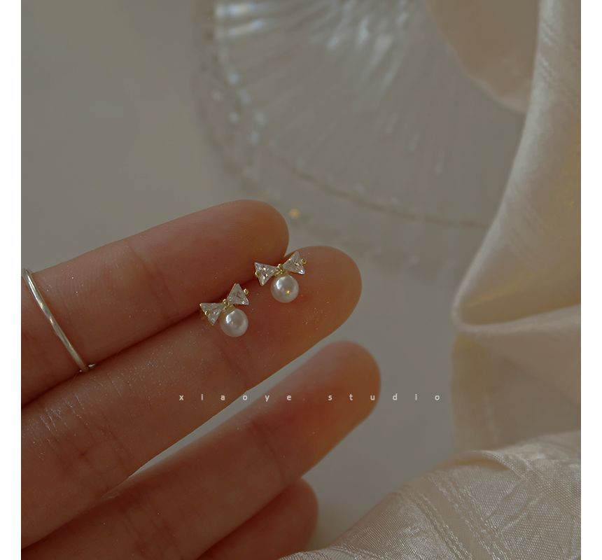 Sterling Earring Silver Faux Stud Bow Pearl Rhinestone