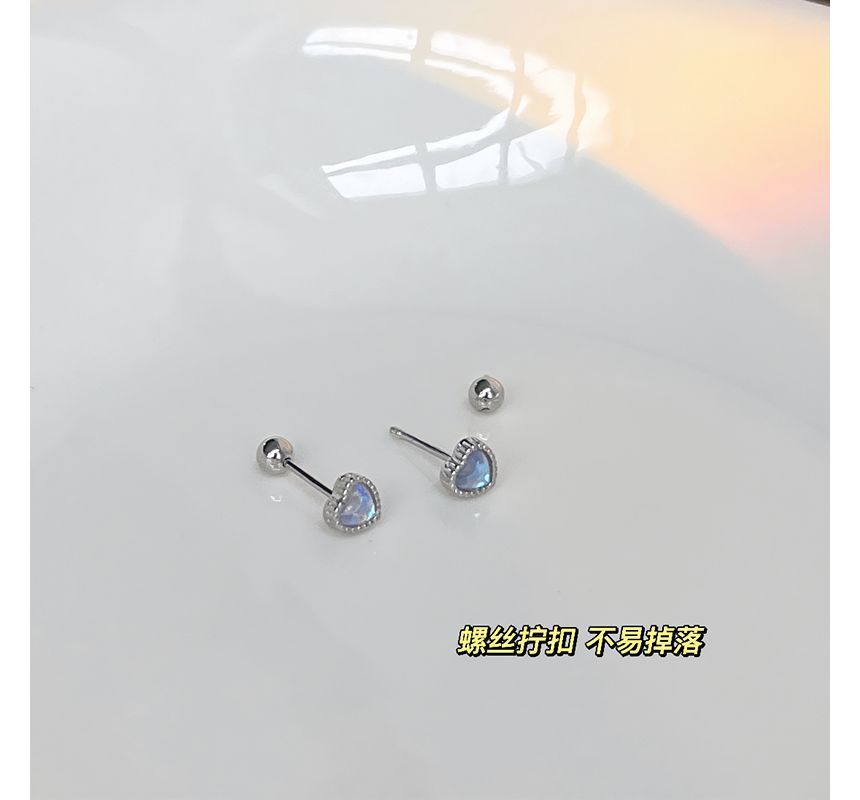 Silver Sterling Heart Barbell Moonstone Earring
