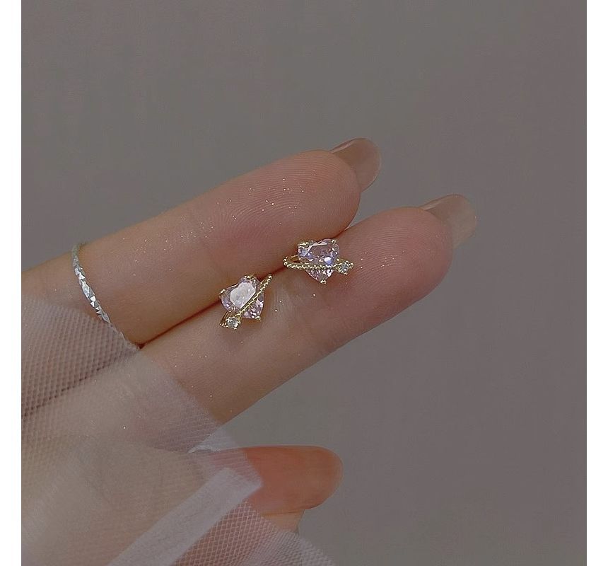 Stud Earring Heart Planet Rhinestone Sterling Silver