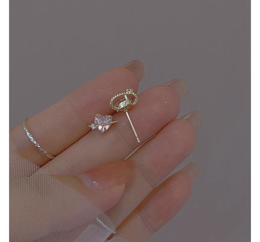 Stud Earring Heart Planet Rhinestone Sterling Silver