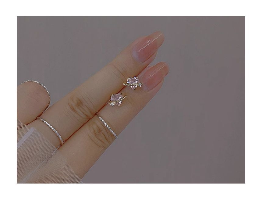 Stud Earring Heart Planet Rhinestone Sterling Silver