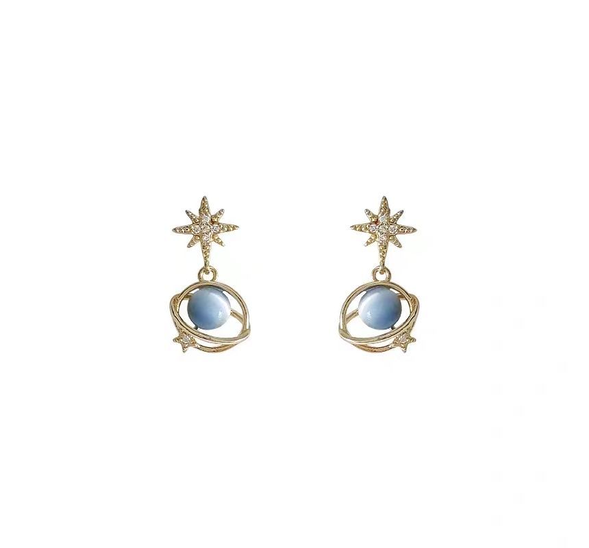 Earring Cat Rhinestone Planet Drop Faux Alloy Star Stone Eye