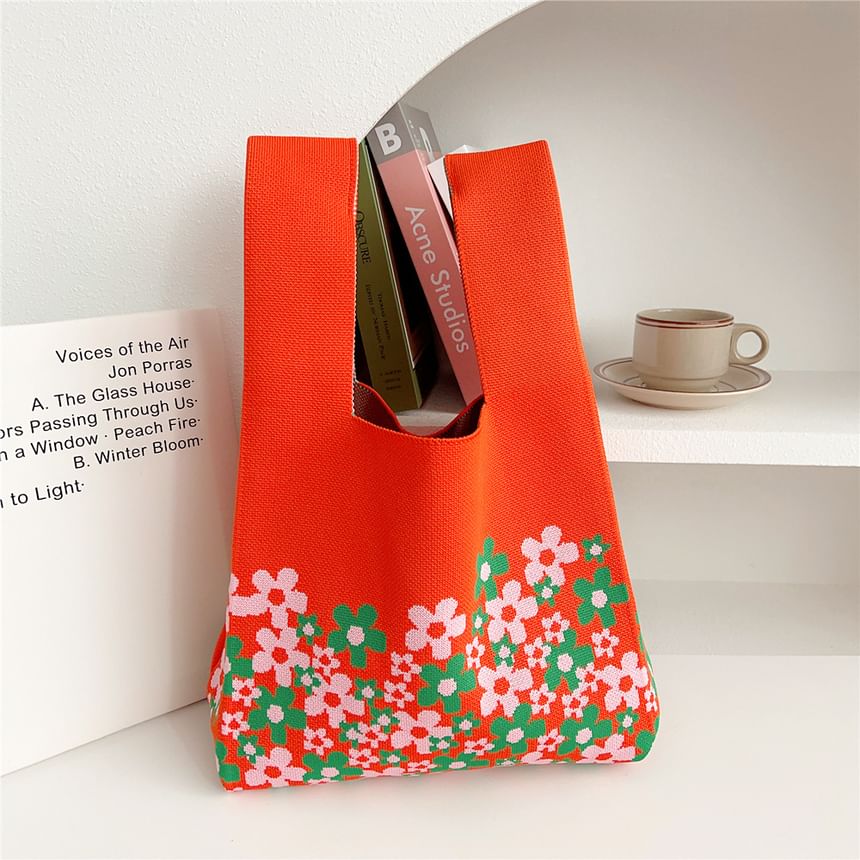 Floral Print Knit Tote Bag