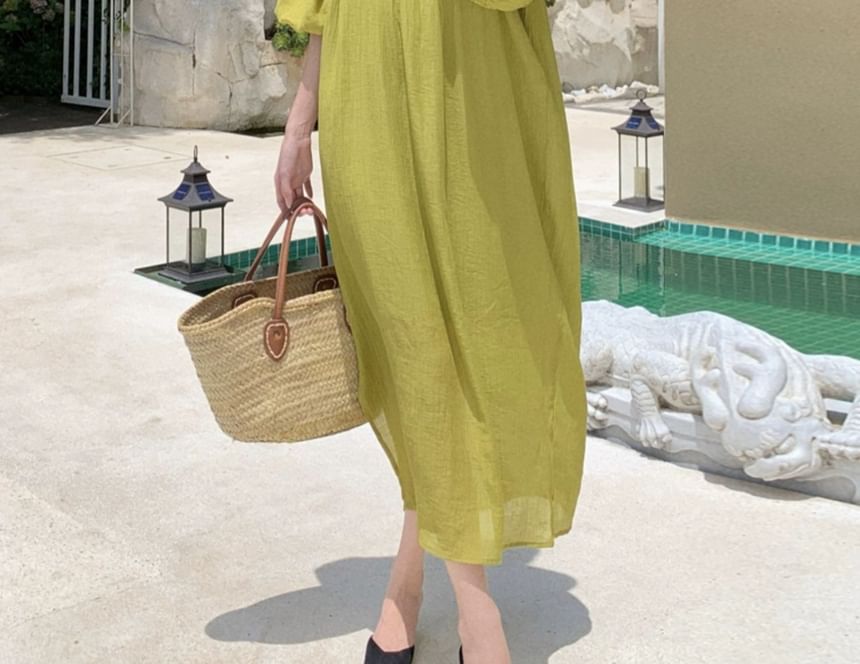 Off-Shoulder Plain Shirred Midi Sundress