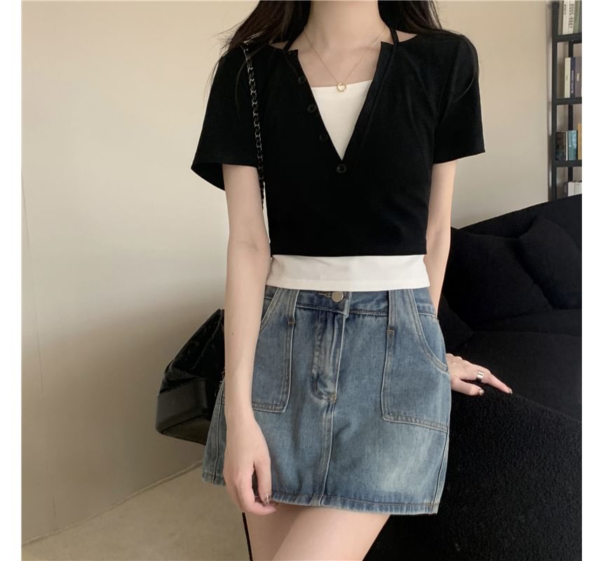 Two-Piece Mock Halter Short-Sleeve Top