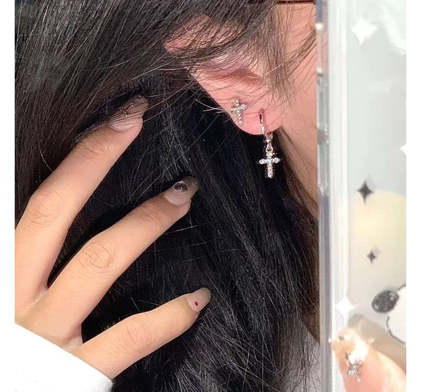 Rhinestone Earring Cross Asymmetrical Drop Alloy