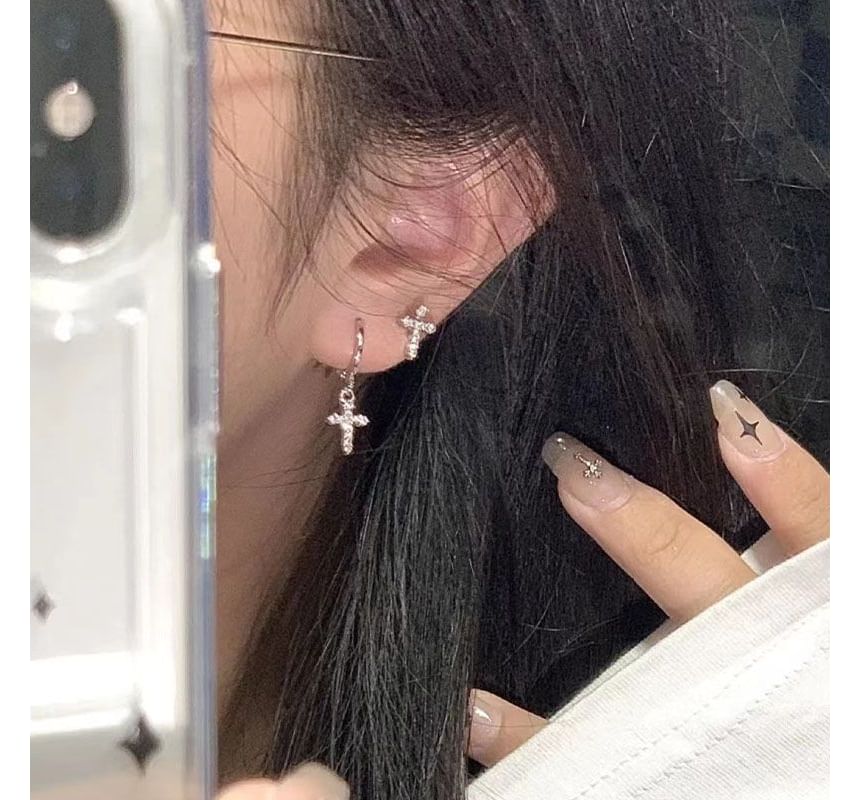 Rhinestone Earring Cross Asymmetrical Drop Alloy