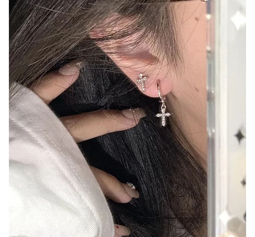 Rhinestone Earring Cross Asymmetrical Drop Alloy