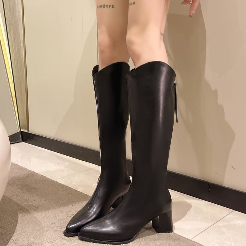 Faux Pointy Leather Heel Boots Chunky Tall