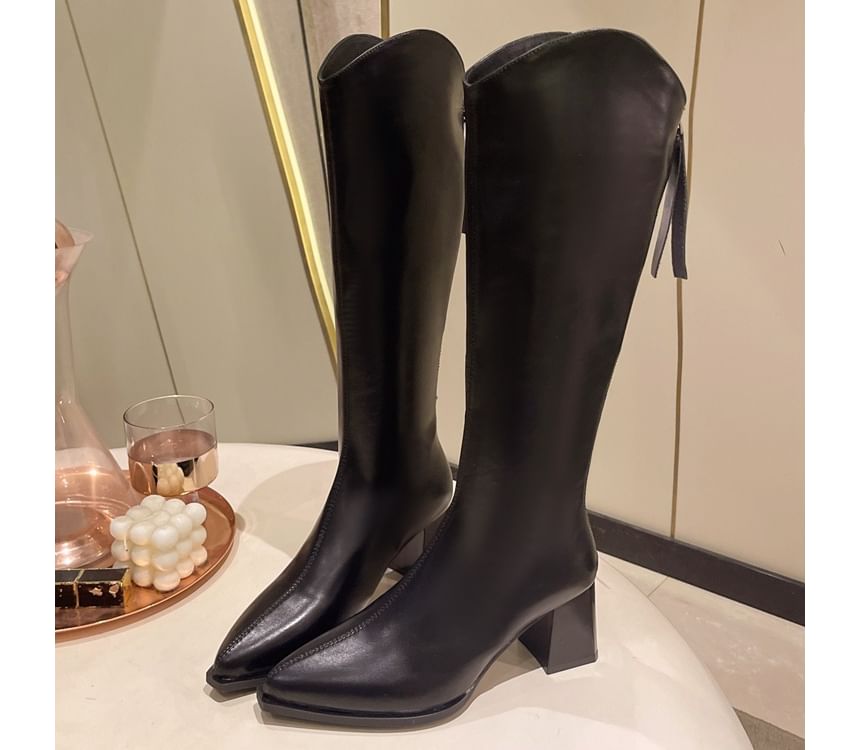 Faux Pointy Leather Heel Boots Chunky Tall