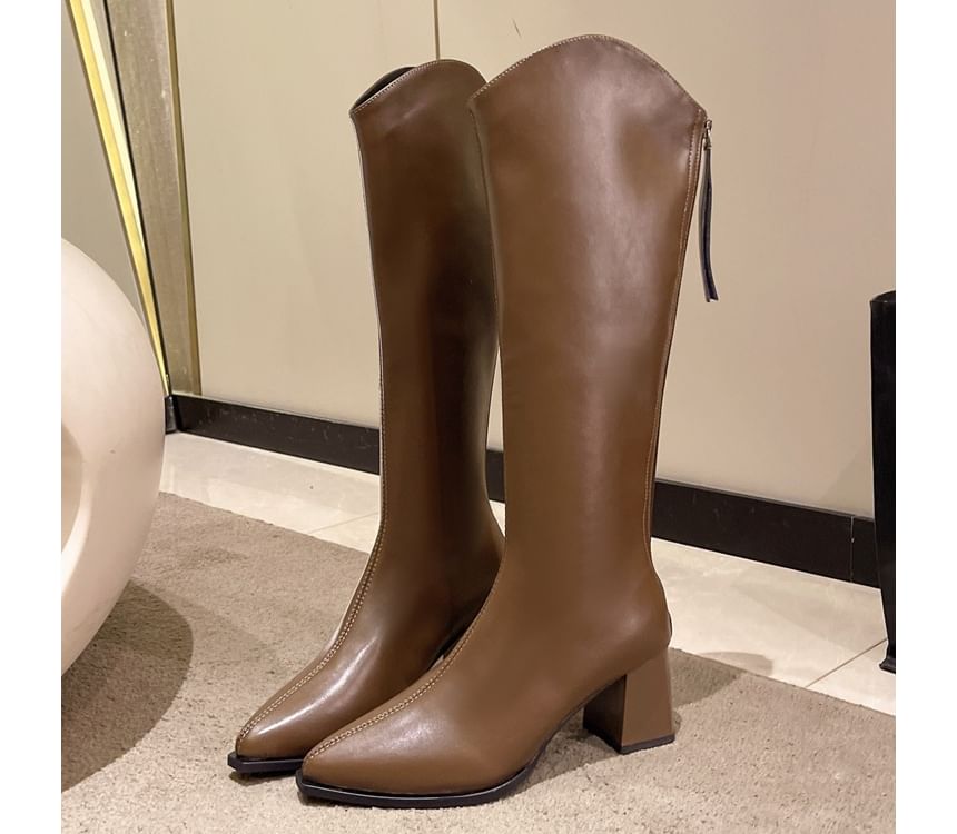 Faux Pointy Leather Heel Boots Chunky Tall