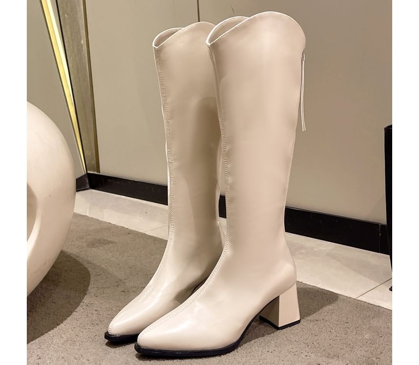 Faux Pointy Leather Heel Boots Chunky Tall