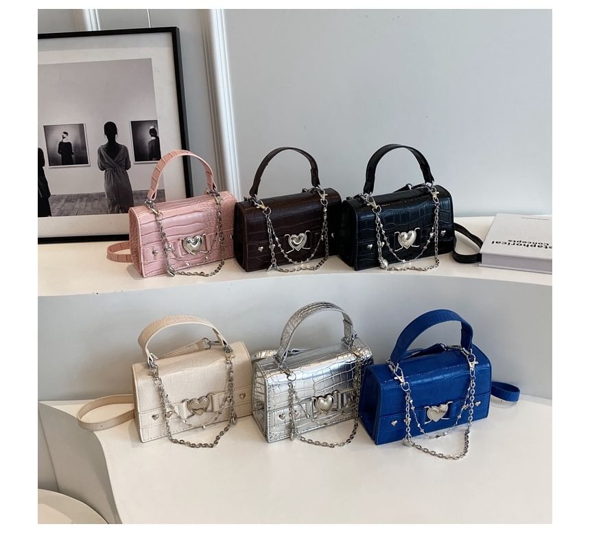 Buckled Flap Croc Crossbody Bag Heart Grain