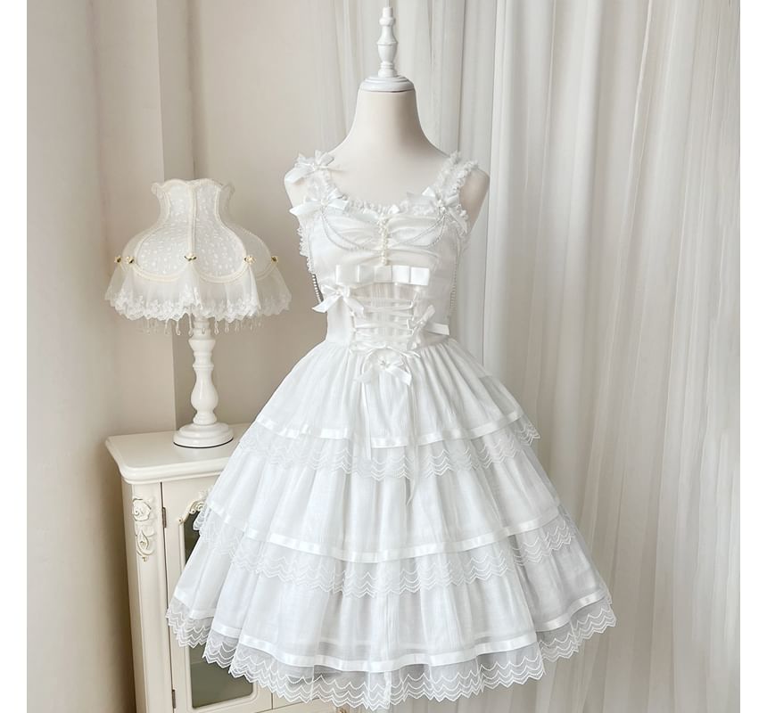 Lolita Spaghetti Strap V-Neck Ruffle Trim  Tiered A-Line Dress / Gloves / Set