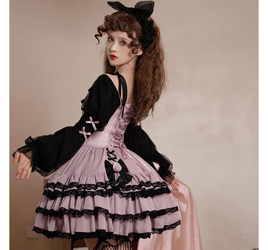 Lolita Long-Sleeve Square Neck Lace Trim Mini A-Line Dress / Crinoline / Set