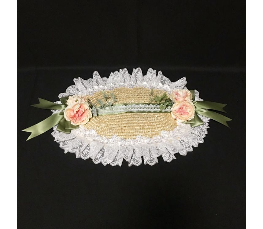 Chapeau de paille à bordure en dentelle Lolita
