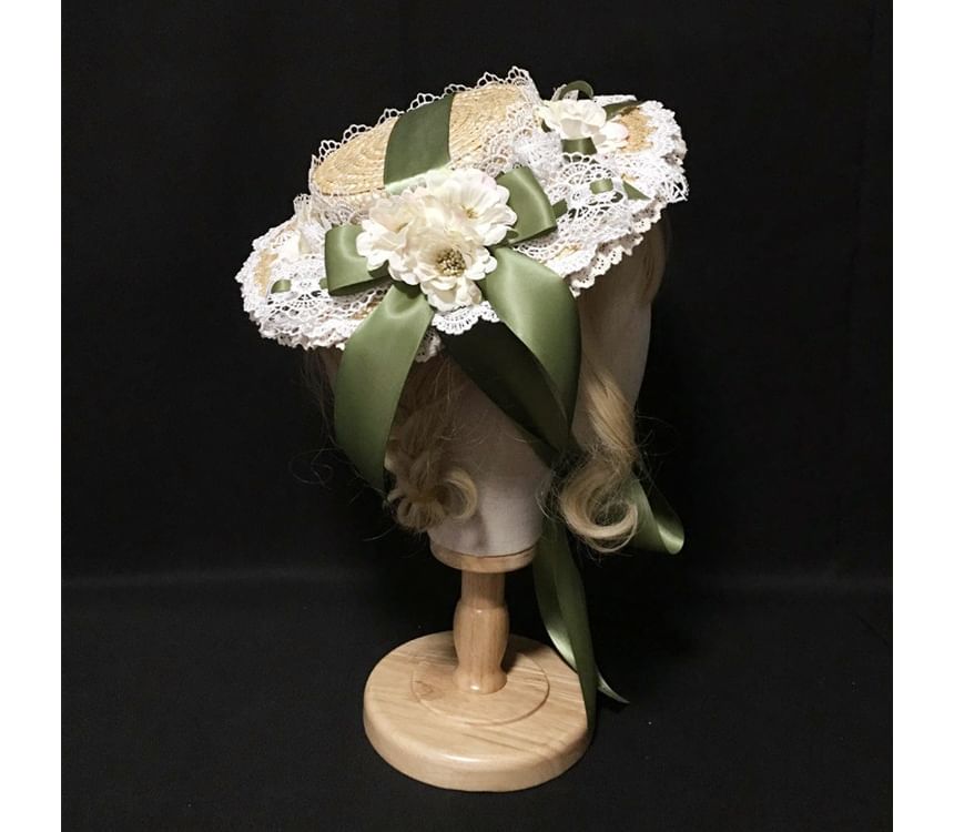 Chapeau de paille à bordure en dentelle Lolita