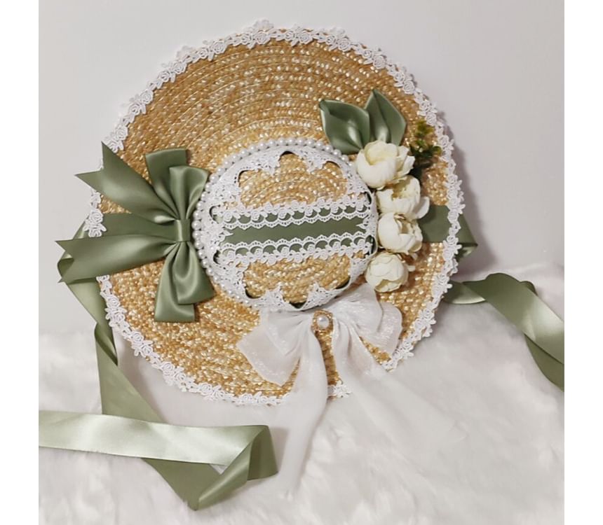 Chapeau de paille à bordure en dentelle Lolita