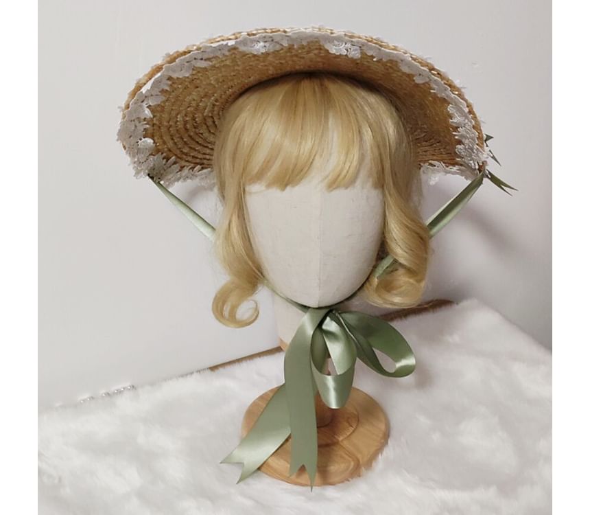 Chapeau de paille à bordure en dentelle Lolita