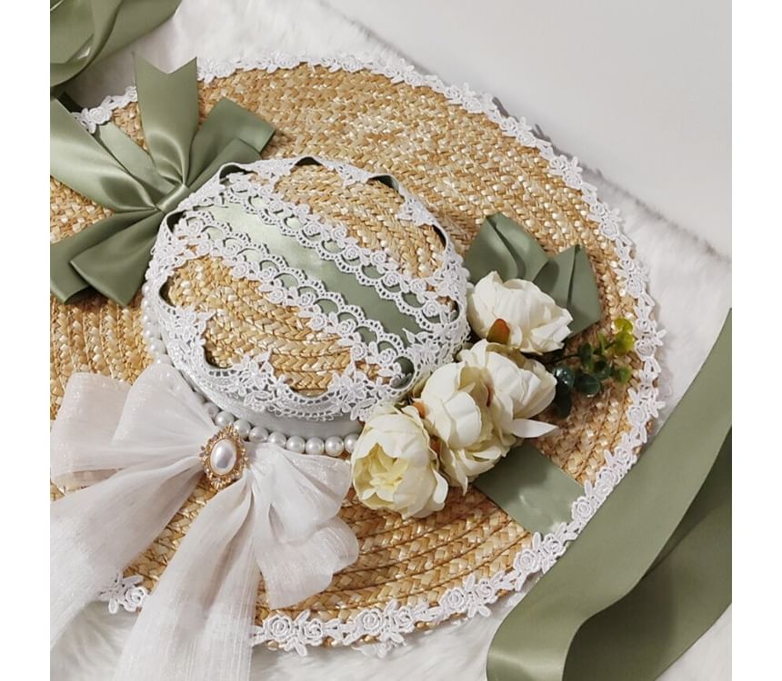 Chapeau de paille à bordure en dentelle Lolita