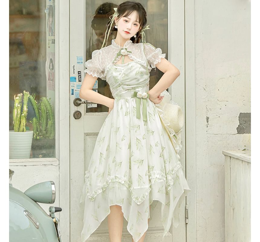 Lolita Midikleid mit Spaghettiträgern und Blumendruck / Spitzenbolero / Set