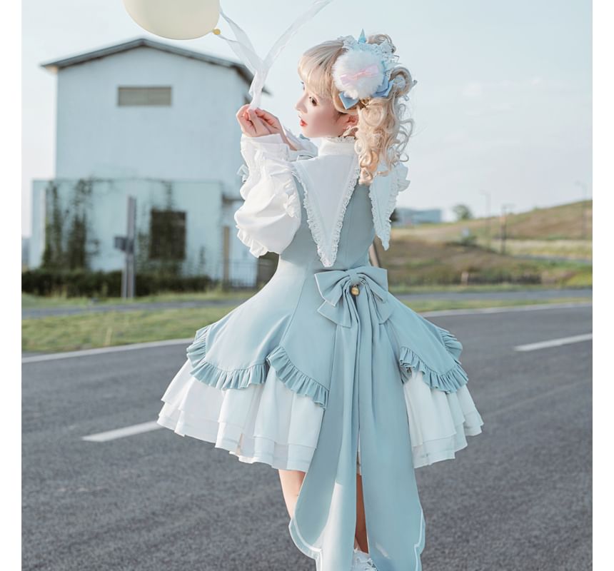 Robe trapèze mini à manches longues et col avec nœud en dentelle Lolita / Crinoline / Ensemble