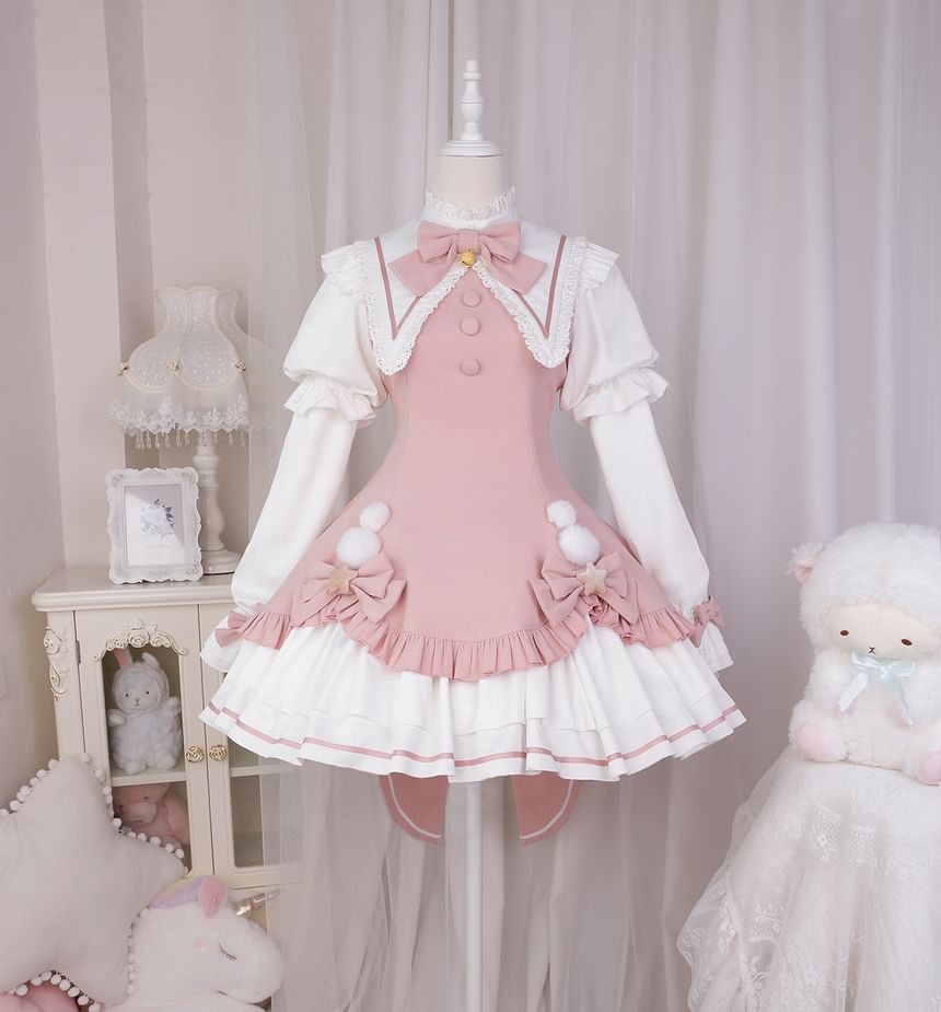 Robe trapèze mini à manches longues et col avec nœud en dentelle Lolita / Crinoline / Ensemble