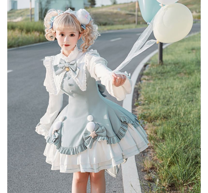 Robe trapèze mini à manches longues et col avec nœud en dentelle Lolita / Crinoline / Ensemble