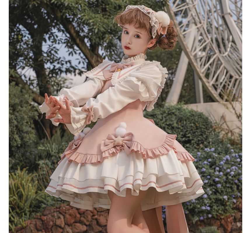 Robe trapèze mini à manches longues et col avec nœud en dentelle Lolita / Crinoline / Ensemble