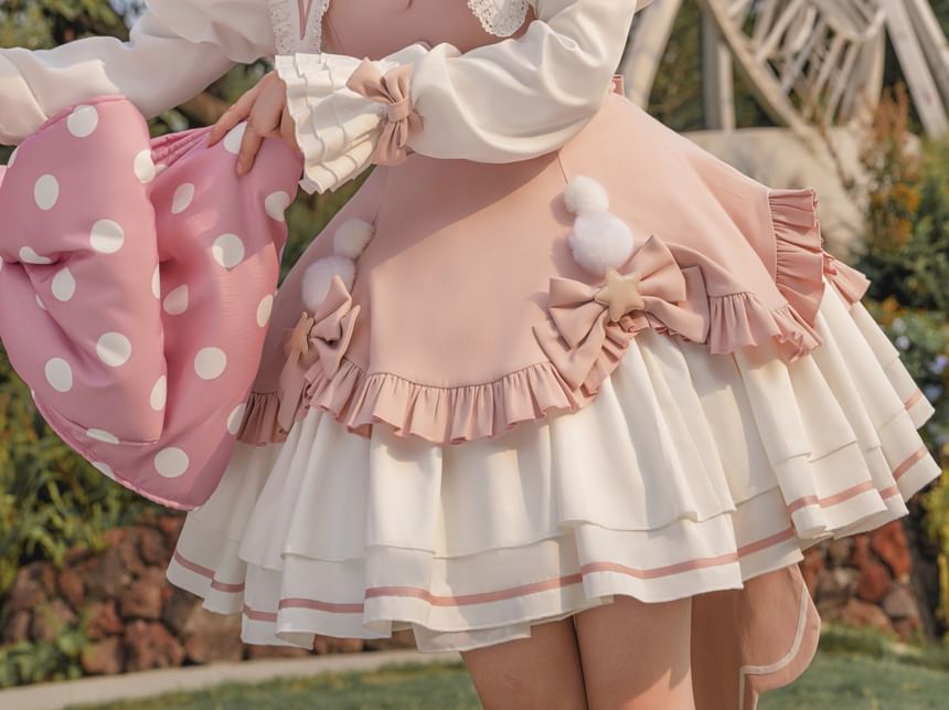 Robe trapèze mini à manches longues et col avec nœud en dentelle Lolita / Crinoline / Ensemble