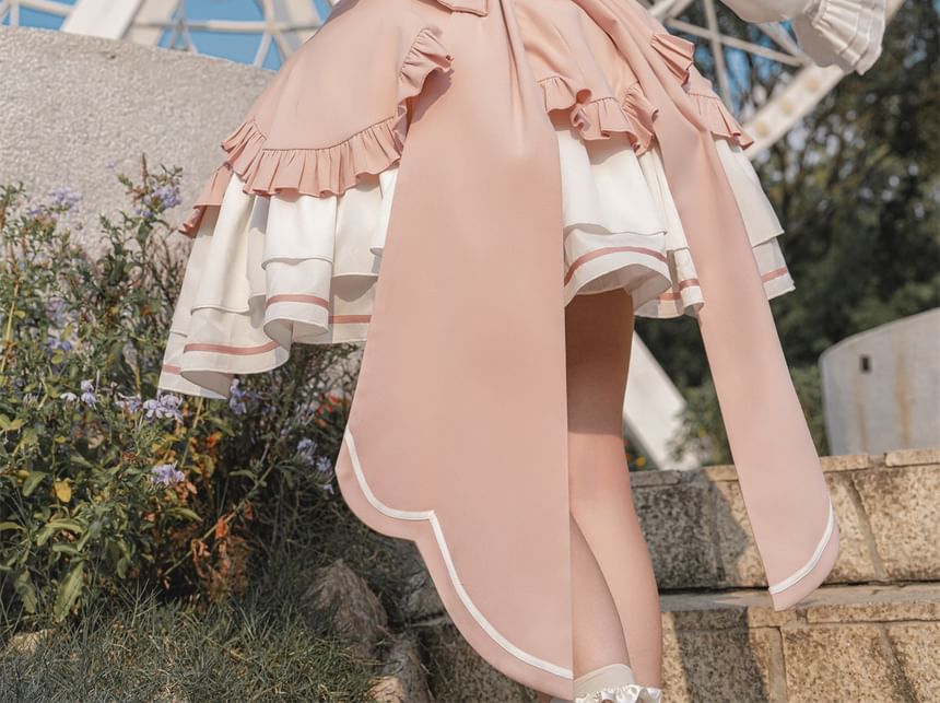 Robe trapèze mini à manches longues et col avec nœud en dentelle Lolita / Crinoline / Ensemble