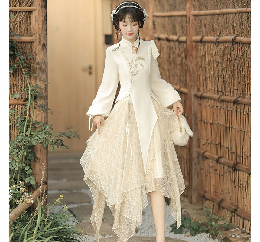 Lolita Langärmlige bestickte Hanfu-Bluse / Mittelhoher Midi-A-Linien-Spitzenrock / Set