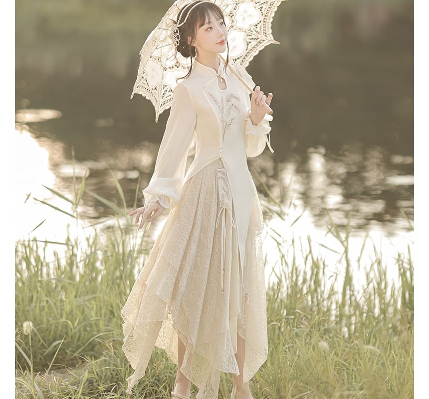 Lolita Langärmlige bestickte Hanfu-Bluse / Mittelhoher Midi-A-Linien-Spitzenrock / Set