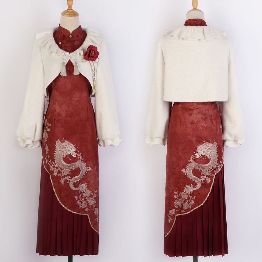 Ärmelloses Lolita-Midi-Qipao mit Drachenstickerei / kurze Jacke mit Rüschenbesatz / Set