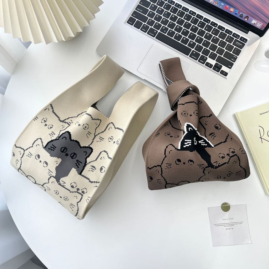Knit Bag Tote Cat Print