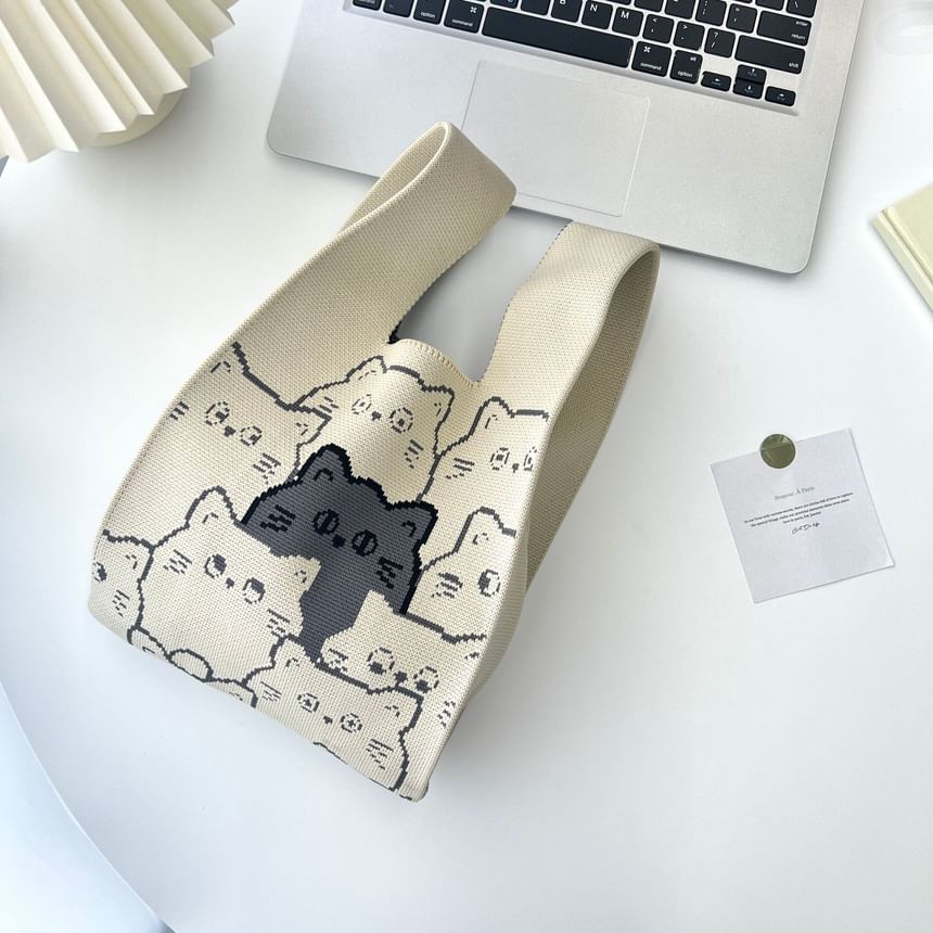 Knit Bag Tote Cat Print