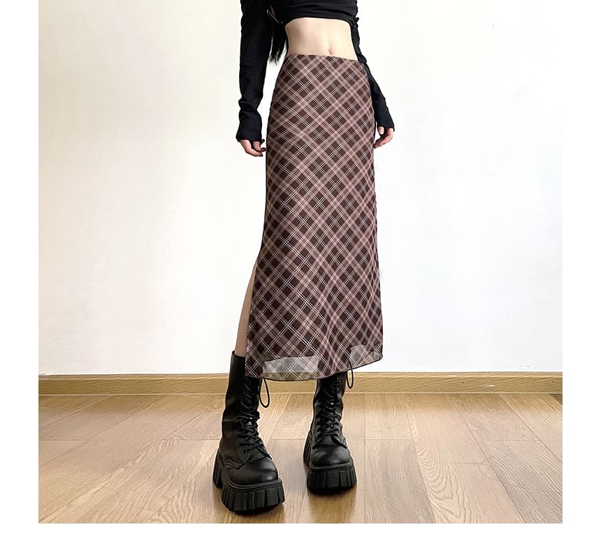 Plaid Mid A-Line Skirt Waist Midi
