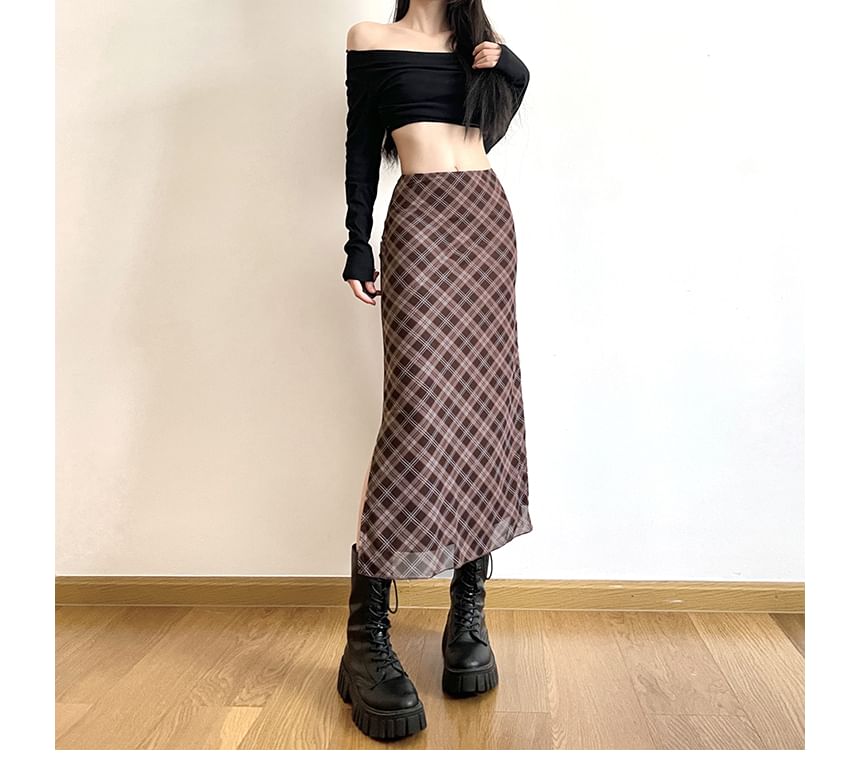 Plaid Mid A-Line Skirt Waist Midi