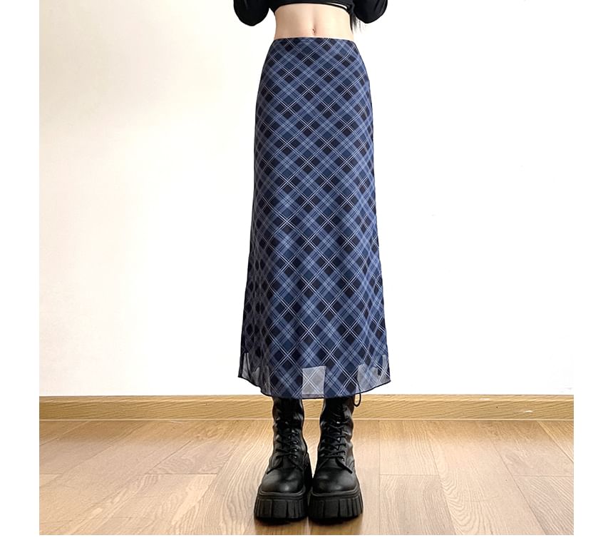 Plaid Mid A-Line Skirt Waist Midi
