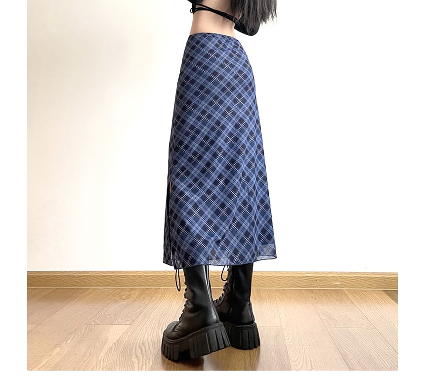 Plaid Mid A-Line Skirt Waist Midi
