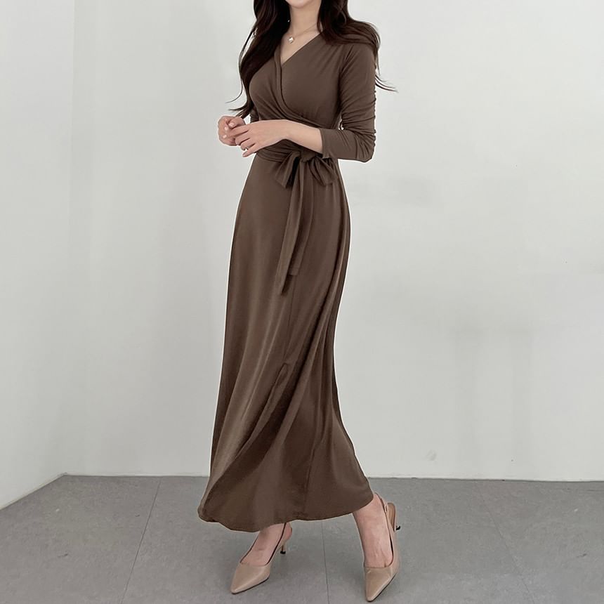 Long-Sleeve V-Neck Plain Wrap Tie-Front Slit Midi A-Line Dress