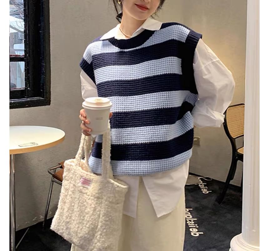 Striped Neck Vest Round Knit Sleeveless
