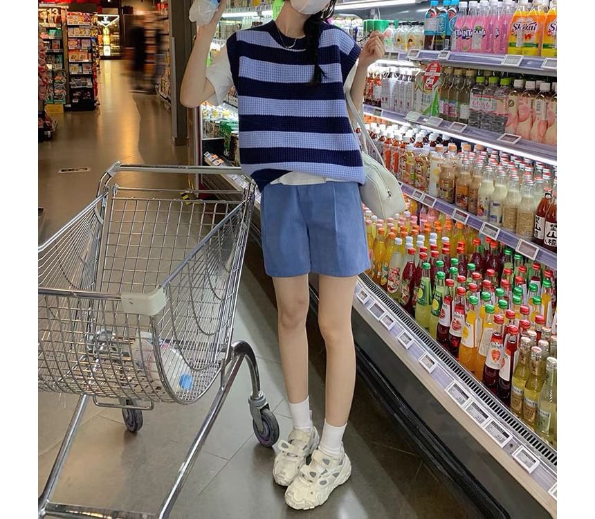 Striped Neck Vest Round Knit Sleeveless