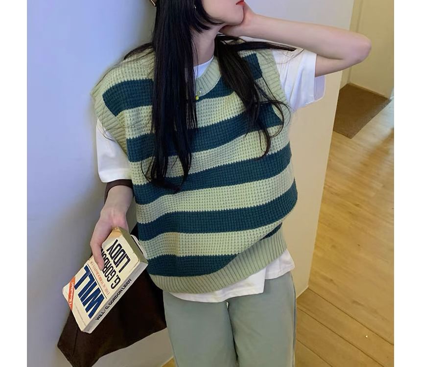 Striped Neck Vest Round Knit Sleeveless