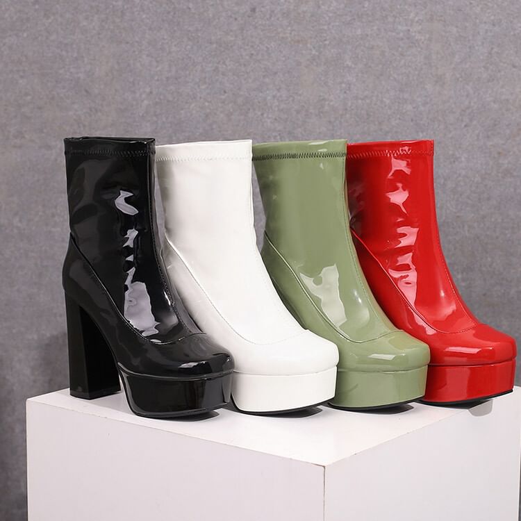 Chunky Heel Square Toe Plain Patent Short Boots