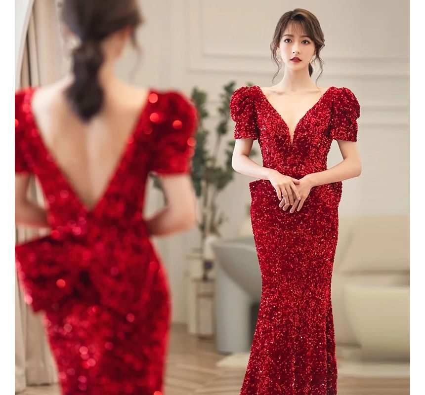 Short-Sleeve V-Neck Plain Sequin Bow Accent Open Back Mermaid Evening Gown