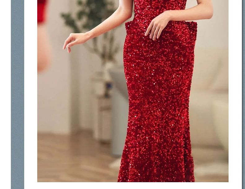 Short-Sleeve V-Neck Plain Sequin Bow Accent Open Back Mermaid Evening Gown