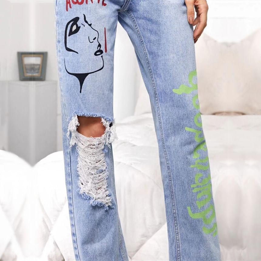 High Rise Graphic & Lettering Print Distressed Straight-Fit Wide-Leg Jeans