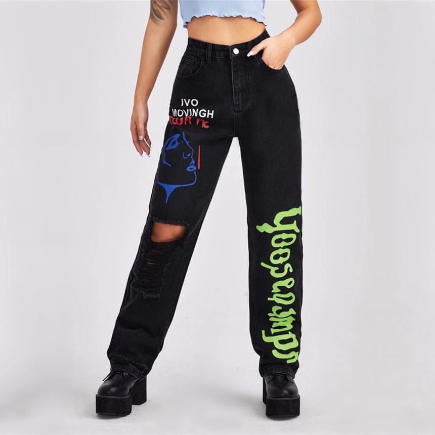 High Rise Graphic & Lettering Print Distressed Straight-Fit Wide-Leg Jeans