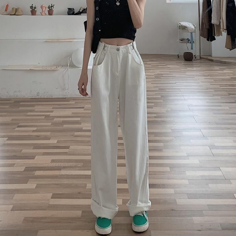 High Waist Plain Straight-Fit Wide-Leg Jeans